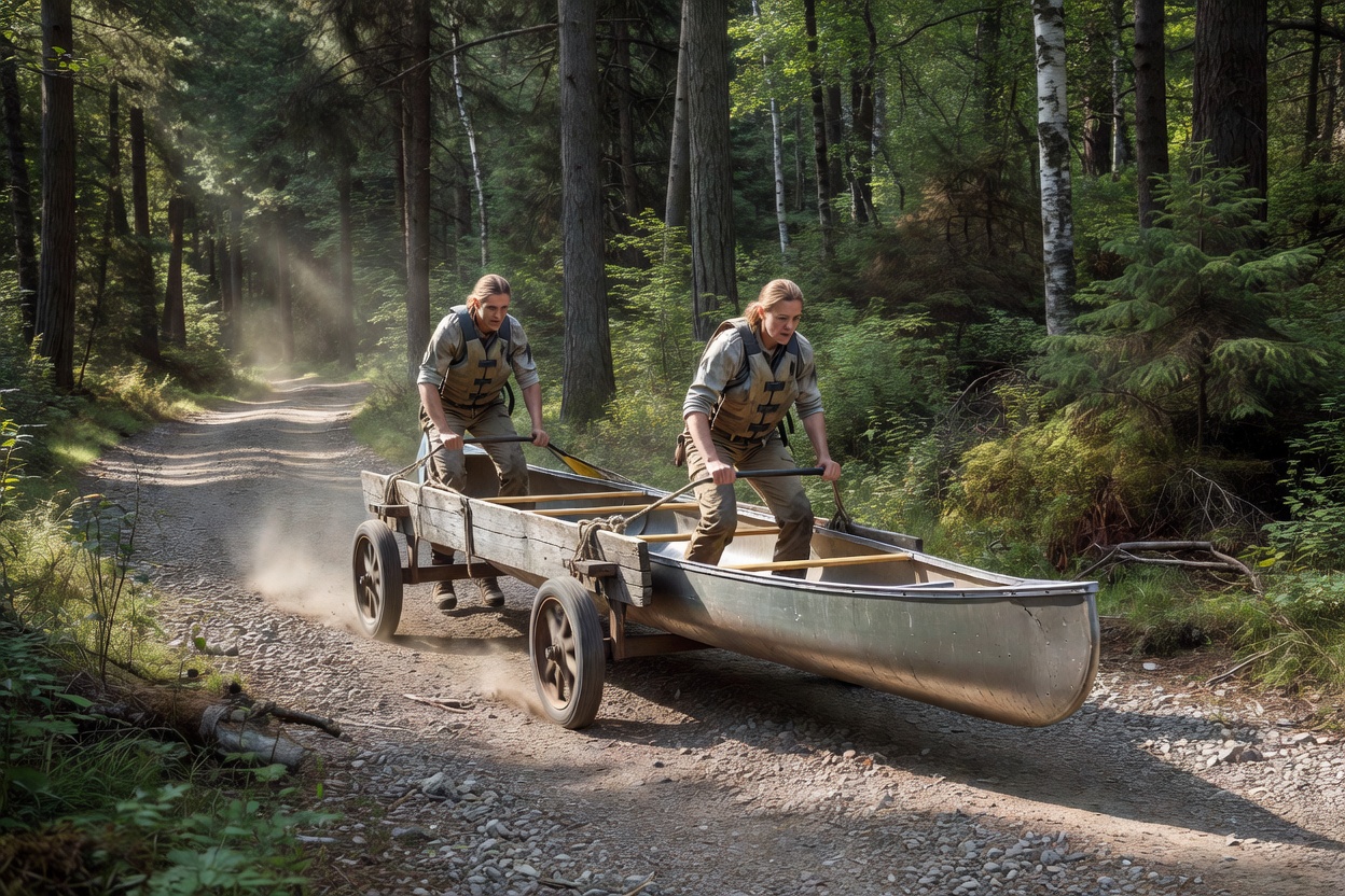 Two paddlers wheeling an open canoe across a gravel woodland portage trail