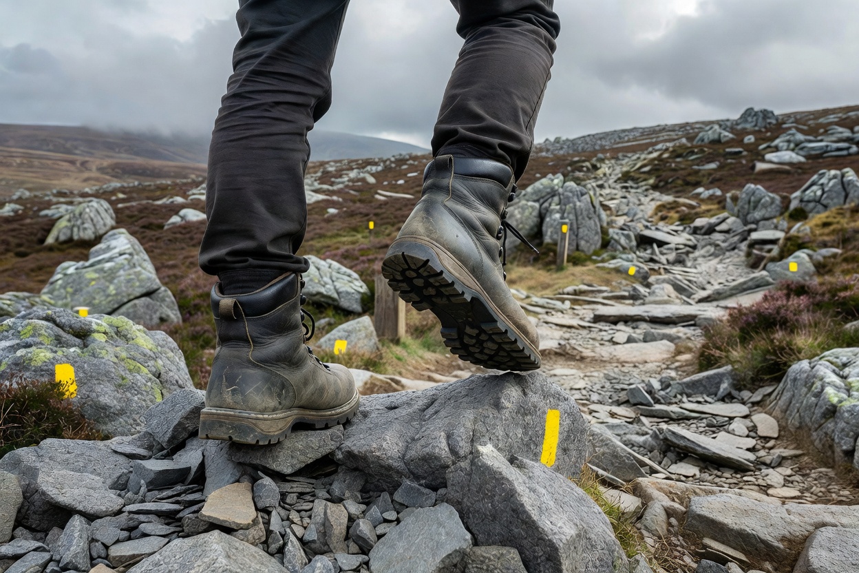 Leather boots walking across rocky fell landscape with yellow trail markers