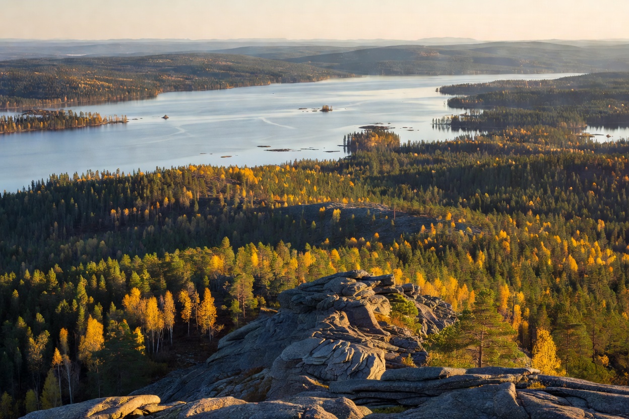 Panoramic view over Lake Pielinen from the quartzite peak of Koli National Park