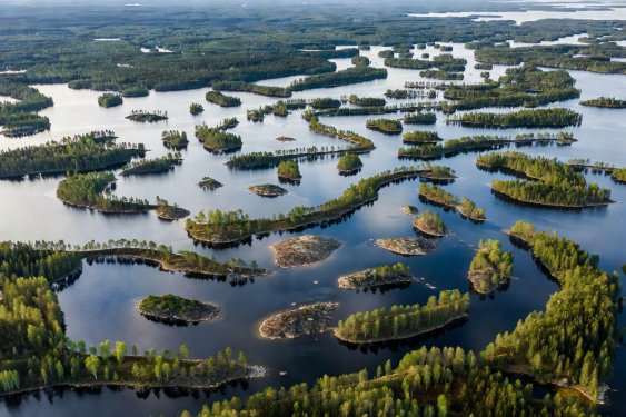 Aerial view of forested islands and channels in Lake Saimaa Finland