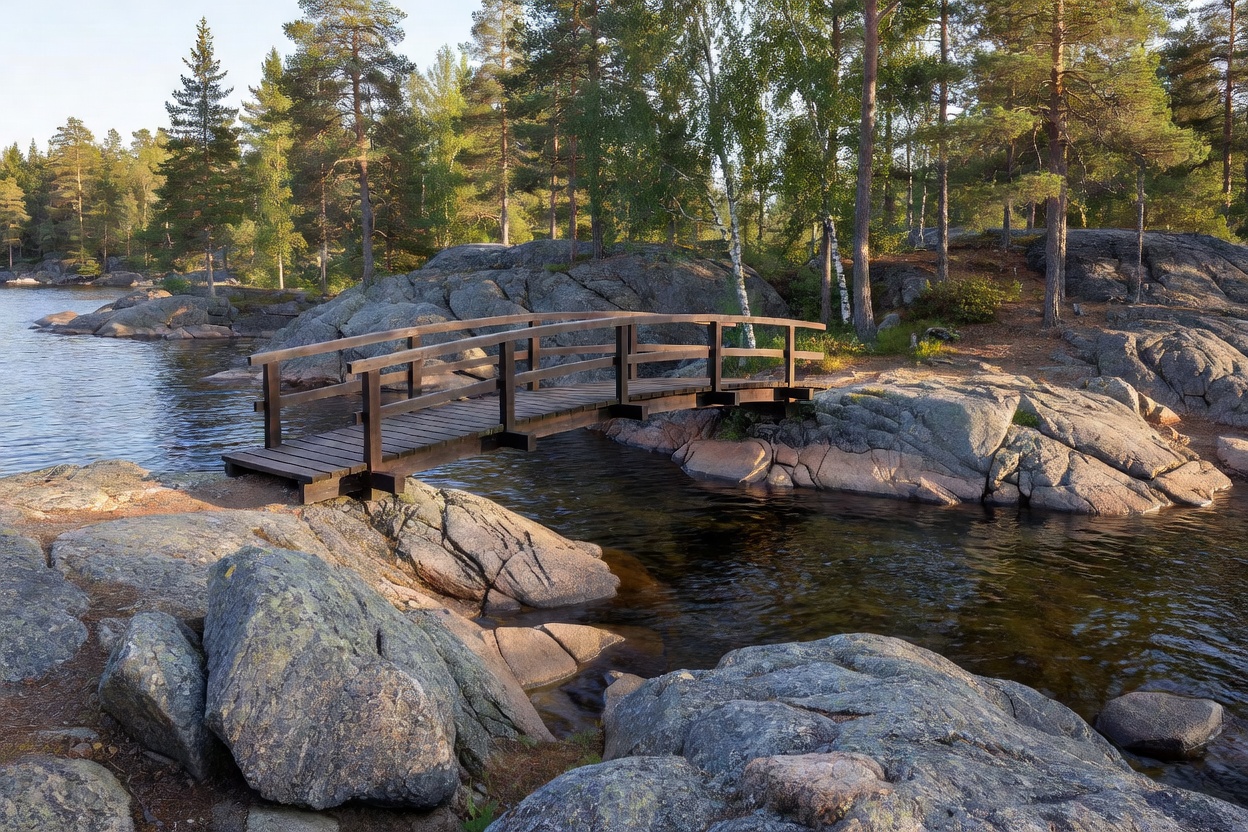 Rocky lake shoreline with wooden footbridge in Nuuksio National Park Finland