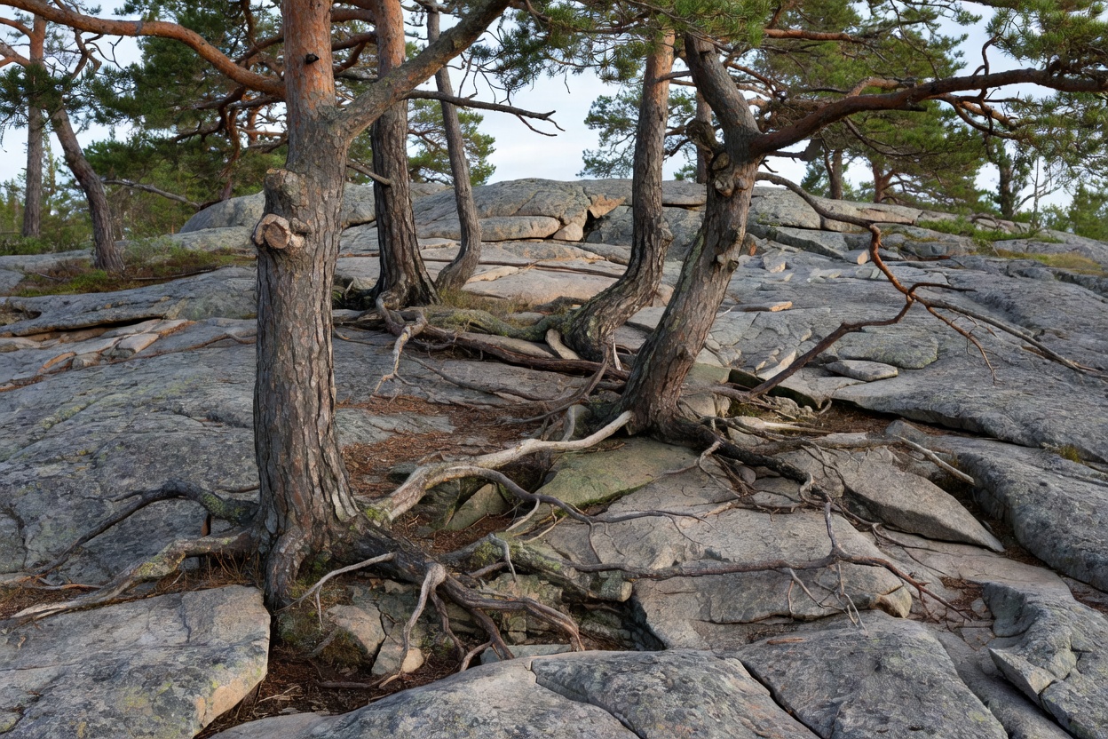Weathered Scots pine trees rooted in cracked granite bedrock in Tiveden