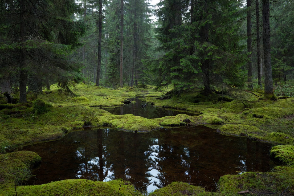 Dense Norway spruce forest with thick spongy moss and standing bog water